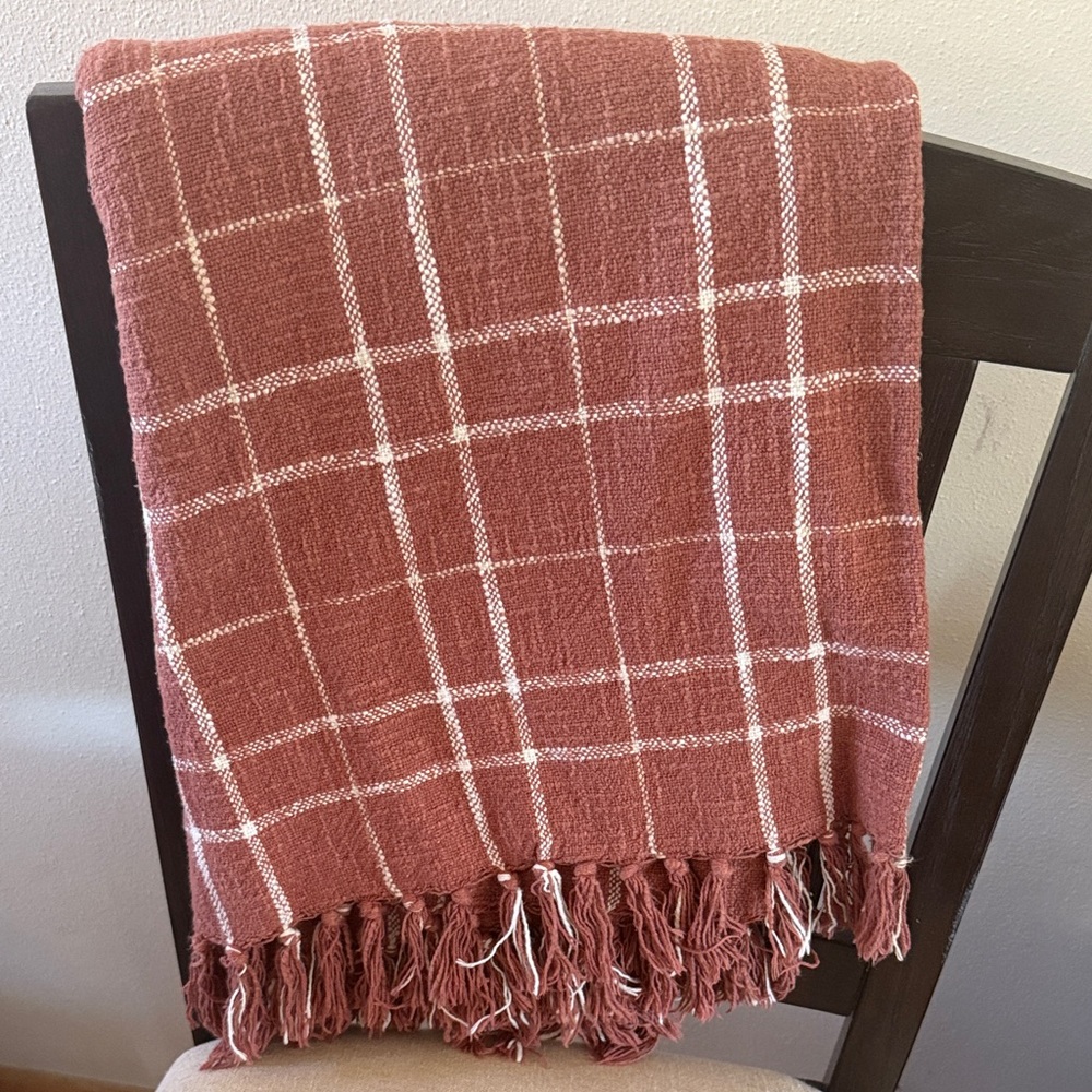 Little Korboose April Nemeth Plaid Woven Throw Blanket Rust Brown White